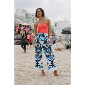 Zara Blue Floral Print Wide Leg High Waist Cropped Pants Coullotes Large